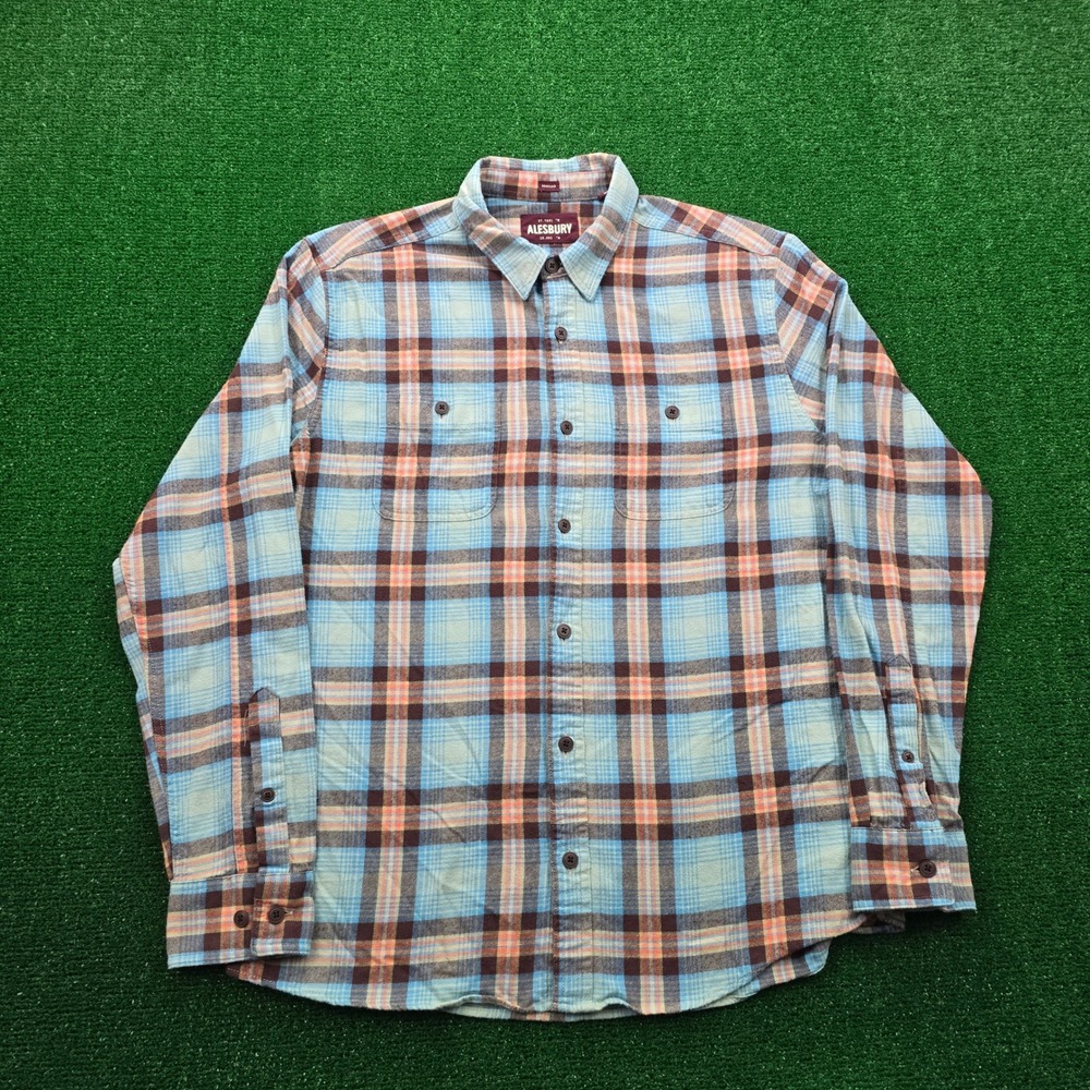 Alesbury Flannel Shirt Mens Medium Turquoise Plaid Button‎ Up Long Sleeve Casual
